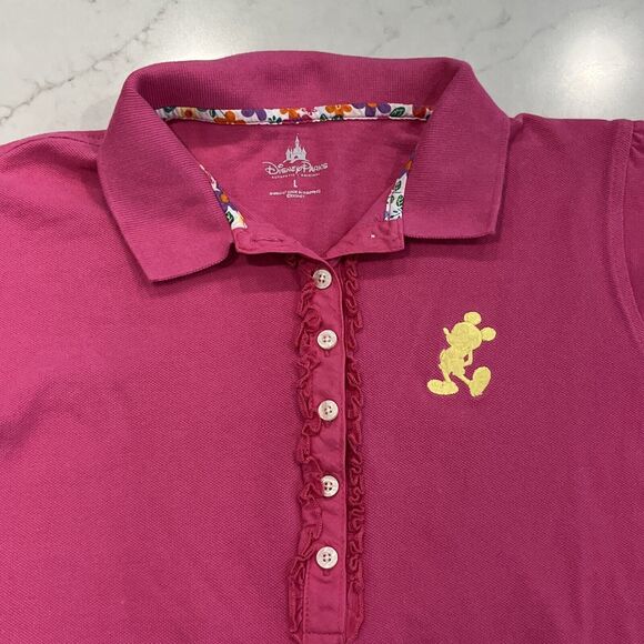 Disney Parks Girls Hot Pink Pique Polo With Yellow Mickey Mouse Ruffle Sz L - Picture 5 of 8